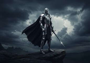 Naklejka premium A majestic knight stands defiantly atop a rocky outcrop, a sword held high against a stormy sky