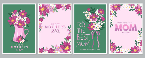 Happy Mother's Day card set, Spring summer floral design. For the best mom inscription. Vector illustration for banner, poster, label, template or cover with flowers frame. 