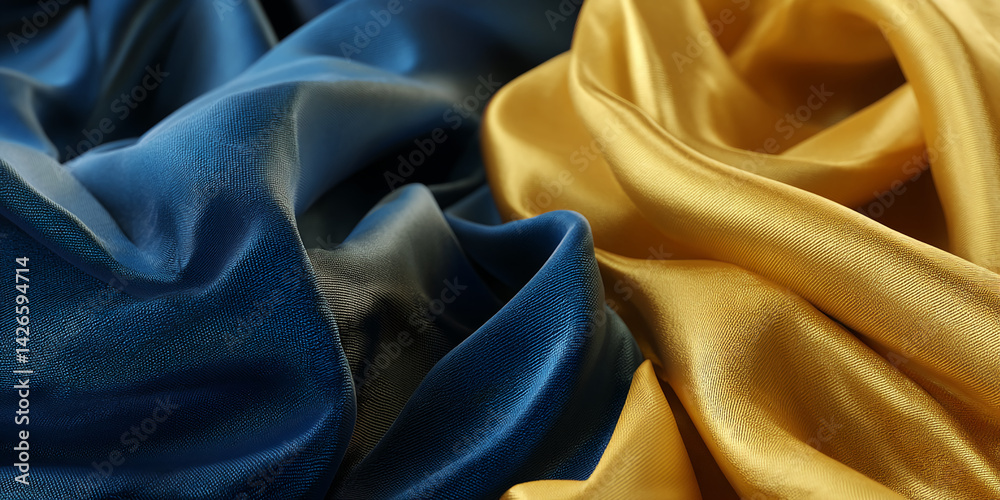 Poster close-up of blue and gold silk fabric textures, creating a luxurious and elegant appearance, showcas