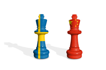 Chess made from Sweden and China flags. Trade, duty, customs and tariffs war