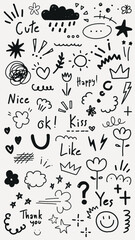 Playful doodles with words like 'cute', 'happy', 'kiss', and 'like'. Includes hearts, stars, clouds, and flowers. Fun, cute, and whimsical doodles. Doodle and hand drawn words, vector set.