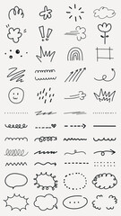 Collection of hand-drawn doodles featuring arrows, clouds, and squiggles. Simple doodles, playful doodles, and creative doodles for design projects. Black hand drawn elements, vector set.