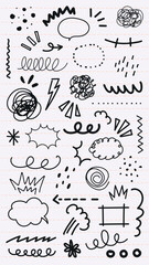 Collection of hand-drawn doodles and sketches. Doodles include speech bubbles, zigzags, and swirls. Sketches of various shapes and lines. Hand-drawn style. Black hand drawn elements, vector set.