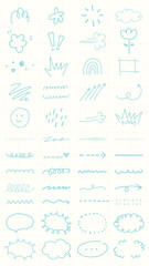 Collection of blue doodles featuring clouds, arrows, and lines. Playful doodles include clouds, arrows, and lines in a variety of styles. Simple and fun doodles. Colorful doodle elements, vector set.