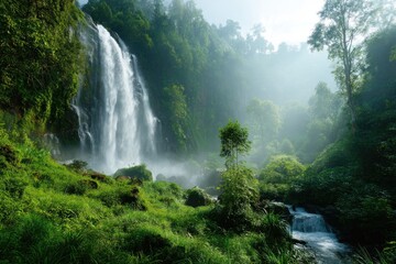 Lush waterfall cascading down a verdant mountainside.