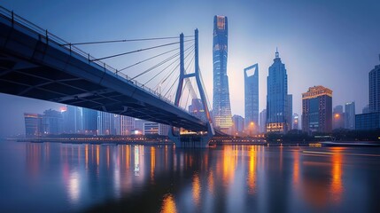 A bridge spans the river in the city