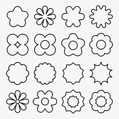 Set of 16 flower-shaped outlines. Flower designs vary in style, featuring petal patterns and circular centers. Perfect for floral-themed projects and designs. Black shapes, vector element set.