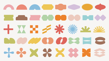 Colorful abstract shapes in various patterns. Geometric shapes, abstract forms, and colorful designs create a vibrant, playful visual display. Pastel elements, vector set.