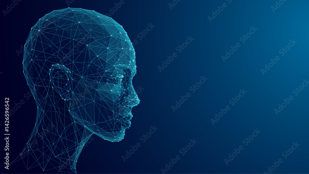 Poster Abstract human face in profile. AI assistant or Artificial Intelligence agent concept. Low poly wireframe head of humanoid robot in technology futuristic style. Blue tech background. Digital avatar.