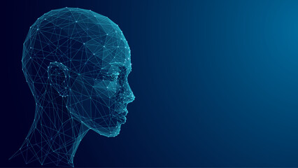 Abstract human face in profile. AI assistant or Artificial Intelligence agent concept. Low poly wireframe head of humanoid robot in technology futuristic style. Blue tech background. Digital avatar.