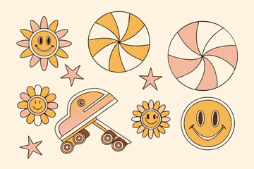 97 Retro sticker set, cheerful emoji faces, colorful flowers, geometric shapes, pink and orange palette, simple illustrations, childlike drawings, whimsical design, textured background, vintage style,