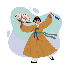 Traditional Korean dancer wearing hanbok holding fan and performing cultural dance with colorful ribbons and background vector illustration 