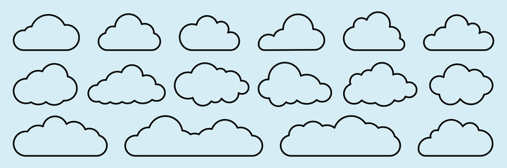 Obraz premium Set of 24 cloud outlines on a light blue background. Simple cloud shapes, black outlines. Cloud collection, diverse cloud designs, minimalist cloud art. Weather illustration, vector set.