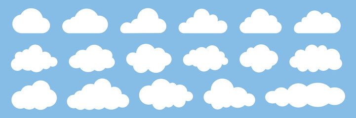 Set of white cloud icons on a blue background. Cloud icons in various shapes. Perfect for weather apps, cloud designs, and sky illustrations. Weather illustration, vector set.