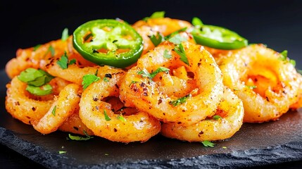 Savory Curly Fries Delight, close-up view of crispy seasoned curly fries topped with gooey melted cheese and zesty jalape&ntilde;os, presented on a sleek black slate plate.