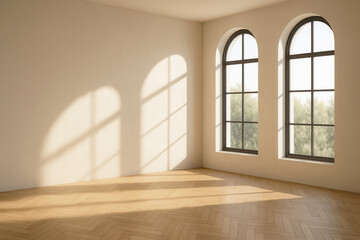 Fototapeta premium Bright sunlit room with arched windows casting long shadows on wooden herringbone floor, perfect for interior design mockups, real estate showcases, or decor presentations