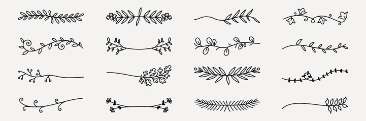 Vector set. Set of 16 hand-drawn floral dividers. Simple floral designs with leaves and flowers. Perfect for floral-themed projects and elegant floral decorations. Hand drawn ornament vector set.