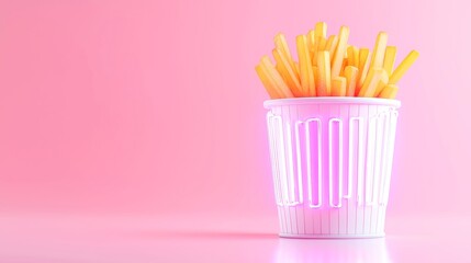 Retro diner scene featuring illustrated French fries, vibrant neon Fries & Shakes sign, chrome counter reflections, inviting ambiance, nostalgic Americana aesthetics.