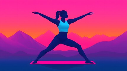 Silhouetted female figure performing yoga pose against mountain sunset