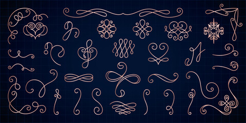 Elegant flourishes and swirls in a decorative design. Ornamental flourishes and intricate swirls create a sophisticated, artistic pattern on a dark background. Hand drawn ornament vector set.