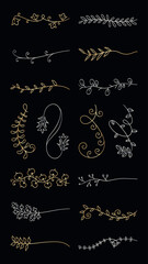 Vector set. Elegant floral line art on black background. Delicate floral designs, intricate line art, and botanical elements. Perfect for floral-themed projects. Hand drawn ornament vector set.