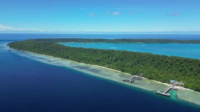 Maratua, Indonesia: Aerial drone footage of Maratua island with its turquoise lagoon in the Derawan archipelago in Kalimantan in Indonesian Borneo. 
