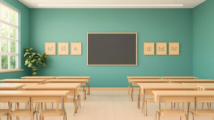 Empty modern classroom with chalkboard and desks