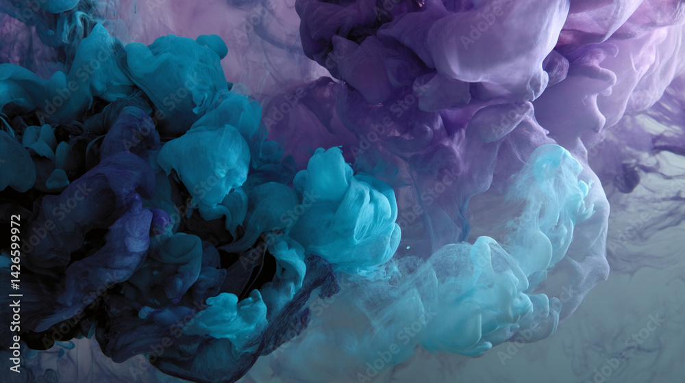 Aufkleber Abstract image of swirling teal and purple inks in water, creating a dynamic, ethereal effect, showcasing fluidity and artistic expression, ideal for design backgrounds