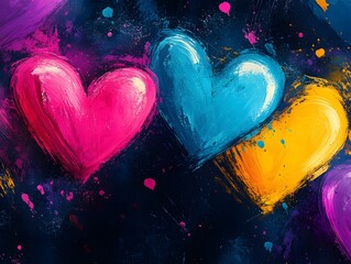 Pop art style colorful neon hearts on a black background, bright pink, yellow, purple, and blue, playful aesthetic