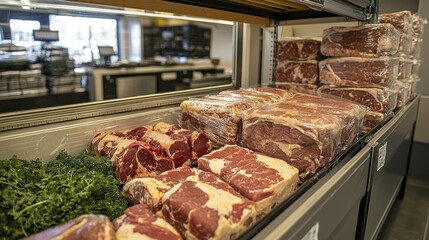 Obraz premium Fresh meat display in refrigerated cooler, grocery store background