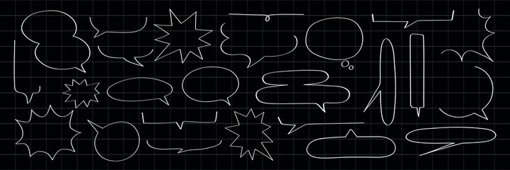 Collection of speech bubbles in various shapes on a black grid background. Speech bubbles in different styles for comics or design projects. Message illustration vector.