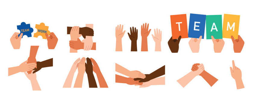 collection of hand collaboration concept, holding TEAM card, holding puzzle pieces with team and work together, joining, diverse hands raising, support, stack together, huddle group hands vector