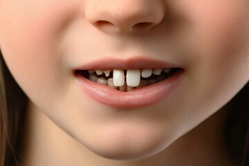 Naklejka premium A close-up view of a woman's mouth, which is open and smiling, revealing a gap between her teeth, as well as her lips and uniquely shaped teeth