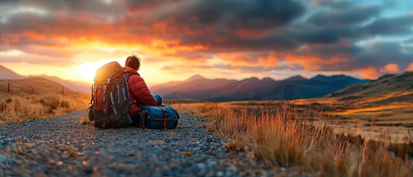 A solitary figure sits on an empty, winding road, lost in contemplation as they gaze down, surrounded by the vast, serene landscape.
