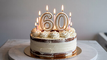 Delicious 60th Birthday Cake with Lit Candles