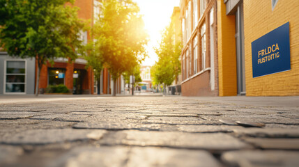 Sunlight streams across a European city street with cobblestone pavement, brick buildings, and trees lining the sidewalk on a bright day in the summertime.