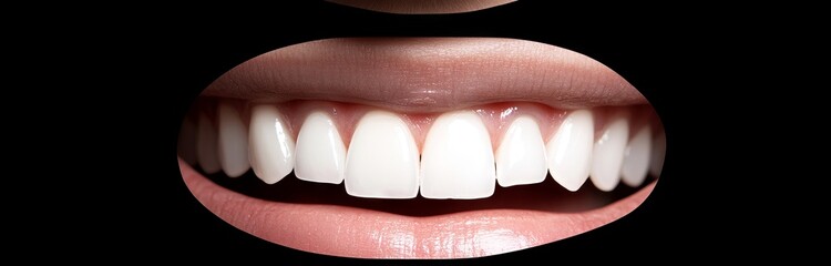 Fototapeta premium A banner image representing dental care and dentistry, showcasing a close-up of a smile with white, healthy teeth on a black background