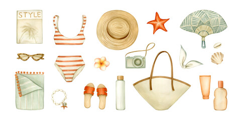 Beach accessories for women, striped swimsuit, hat, sunglasses and other retro style. Stylish illustrations in vintage style for printed materials, blog, patterns and banners.