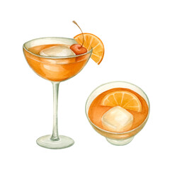 Orange cocktails with a cherry in a glass on a stem, top and front view. Watercolor illustration in retro style hand drawn and isolated on a white background. Perfect for a cookbook, food blog, menu.