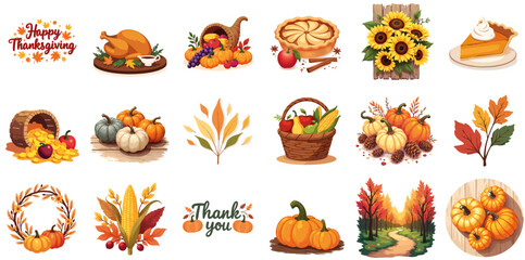 Thanksgiving vector illustration set with autumn harvest elements  