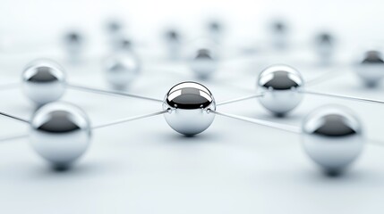 A close-up of interconnected silver spheres, symbolizing connectivity and networking in a sleek, minimalist design.