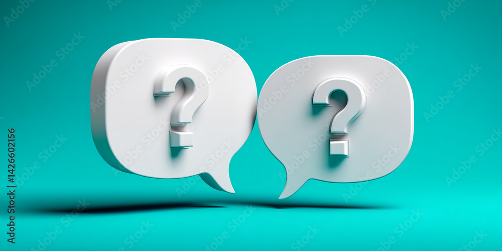 Poster Two white speech bubbles with embossed question marks on teal background, symbolizing queries, dialogue, and seeking answers.  Perfect for FAQ pages or help sections.