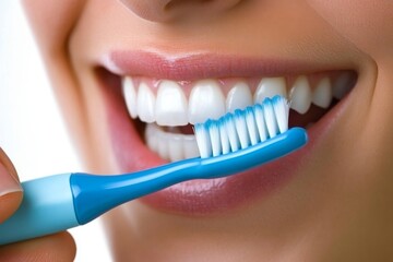 The image of a woman and a girl brushing their teeth in the bathroom, both smiling, underscores the significance of self-care and oral hygiene for overall health and wellness, as this daily routine,