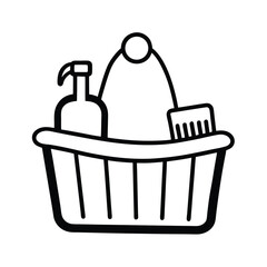 Simple outline icon of a laundry basket with detergent and brush