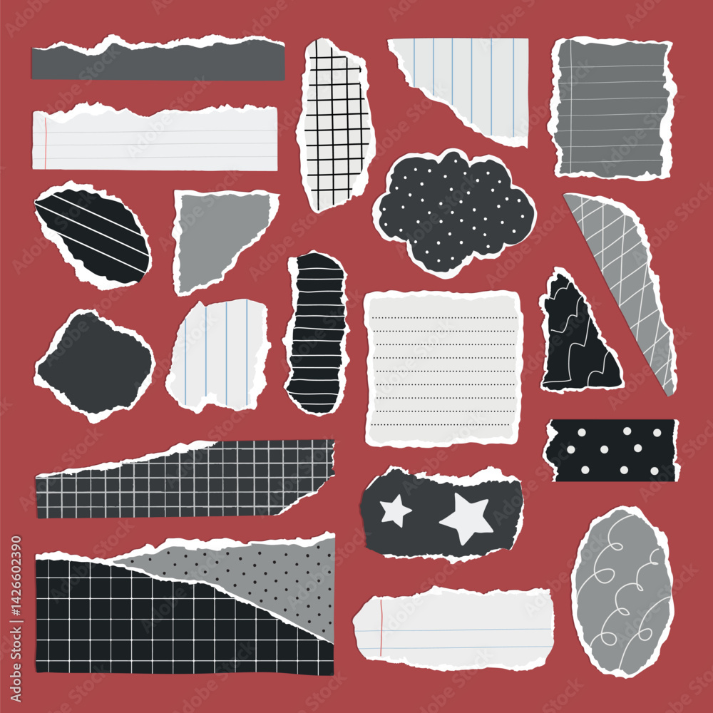 Wall mural collection of torn paper scraps on a red background. torn paper with various patterns: grid, polka d