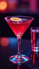Fototapeta premium Elegant red cocktail with floating passion fruit slice served in a martini glass, placed on a glossy surface with vibrant nightclub lighting and modern party vibes.