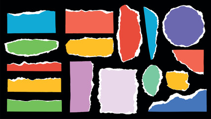 Colorful torn paper pieces in various shapes and sizes on a black background. Torn paper edges create a textured, artistic look. Vibrant and creative design elements. Colorful element vector set.