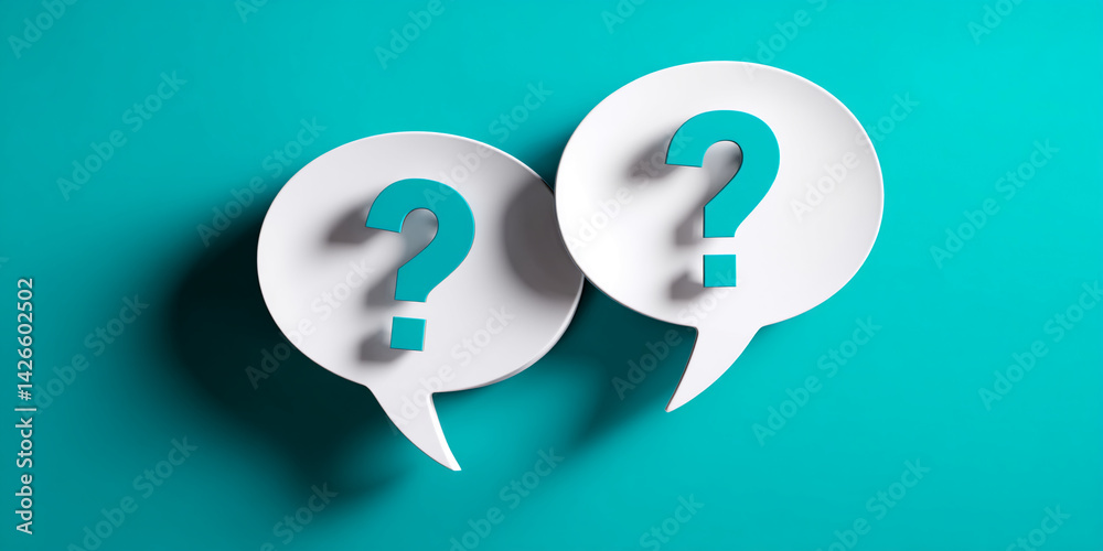 Poster two white speech bubbles with teal question marks on a teal background, symbolizing inquiry, dialogu