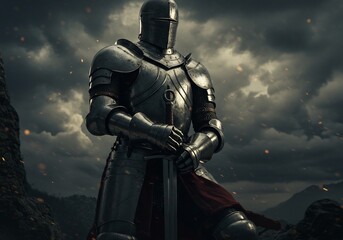 Naklejka premium A brave knight stands ready for battle, the embodiment of courage and chivalry