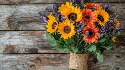Fototapeta premium Rustic bouquet of sunflowers, gerbera daisies, and lavender on a wooden surface